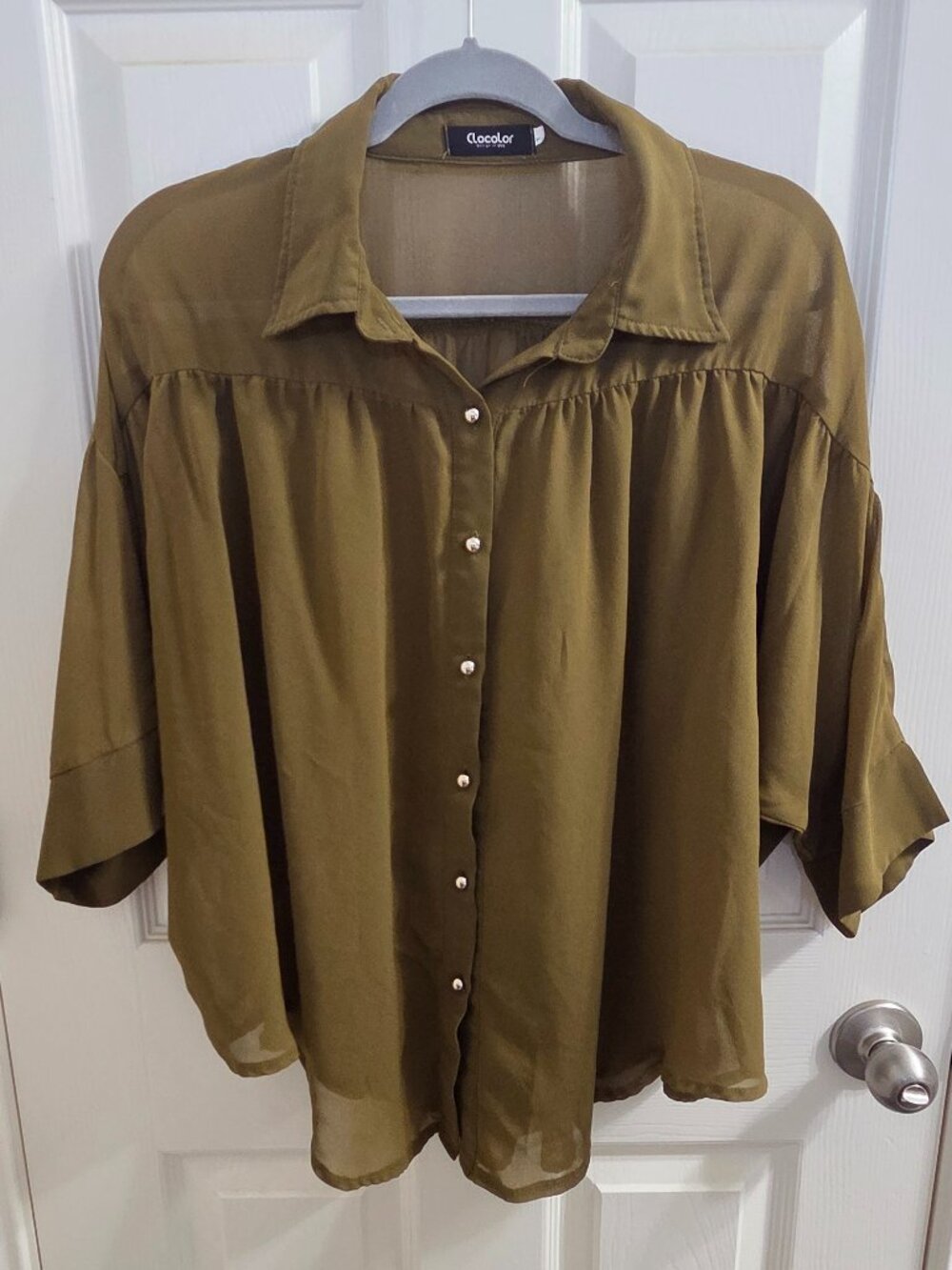 Pre-loved Olive Green Sheer Button-Front Blouse | Relaxed Boho Chic Top